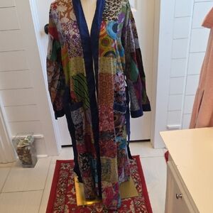 Patchwork Long Coat with Blue Accents